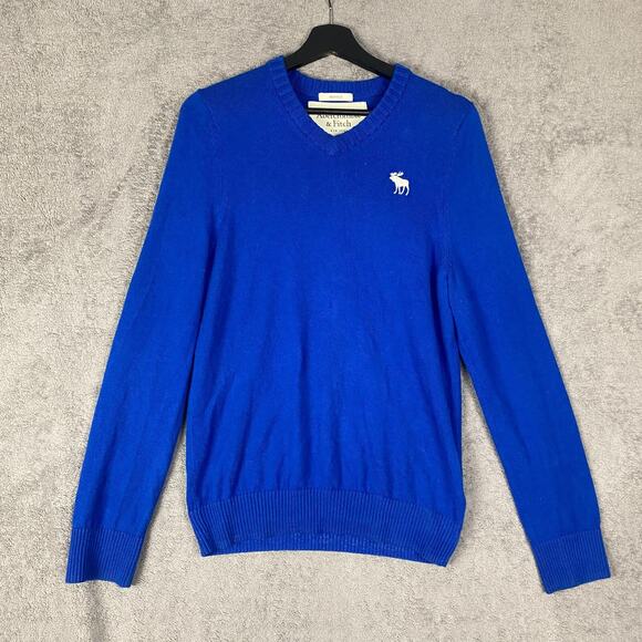 Abercrombie & Fitch Sweater Mens L Blue Knit Long Sleeve V-Neck Pullover Classic - Picture 1 of 10